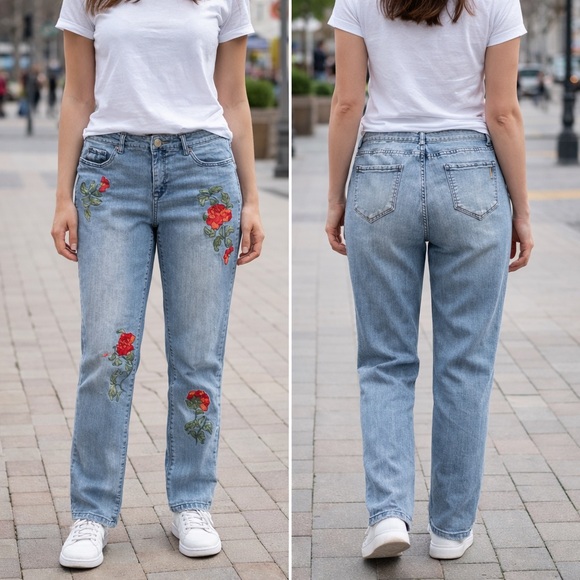 Vintage America Denim - Vintage America Light Blue Jeans with Red Floral Embroidery